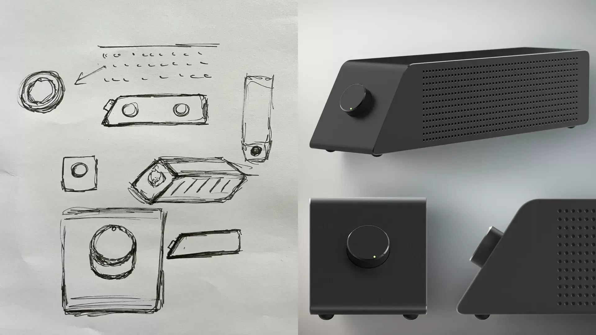 Concept sketch alongside the finished photoreal render